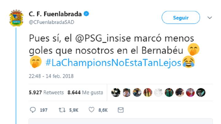El tuit del Fuenlabrada sobre la derrota del PSG ante el Real Madrid.