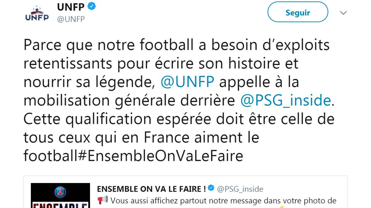Tuit de la UNFP (el sindicato francés de futbolsitas) apoyando al PSG.