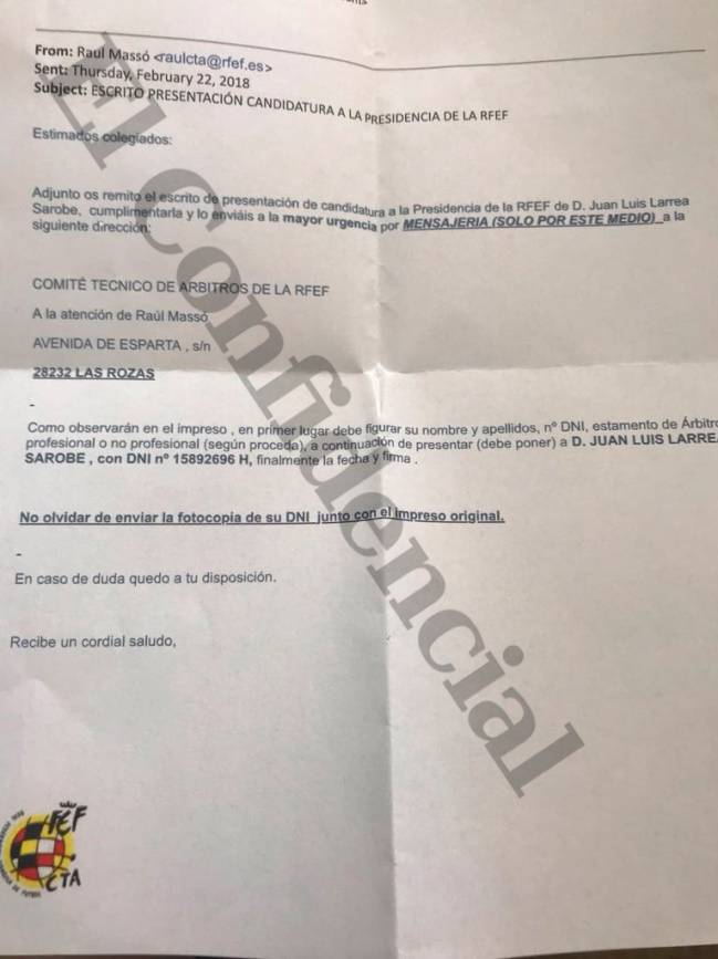 La carta enviada por el secretario del Comité Técnico de Árbitros (CTA) a los colegiados.