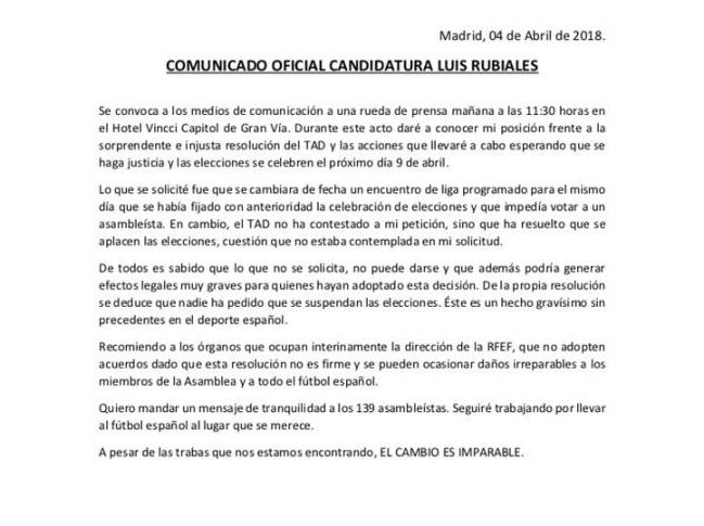 El comunicado de Luis Rubiales.