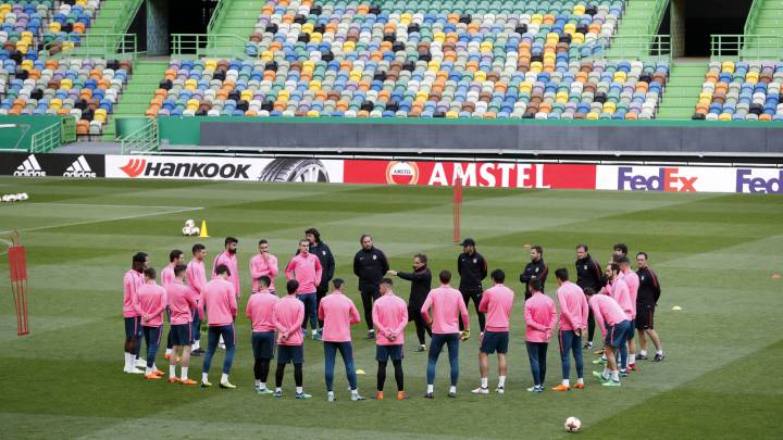 Entrenamiento del Atlético en Lisboa antes de medirse al Sporting.