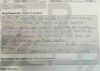 La hoja de reclamaciones de un socio del Sevilla por la Copa