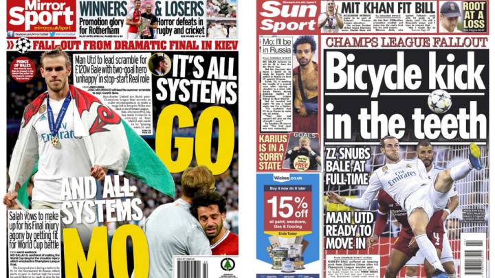 Portadas de los diarios ingleses Mirror y The Sun del día 28 de mayo de 2018.