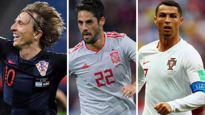 Los jugadores del Real Madrid, Luka Modric (Croacia), Isco (España) y Cristiano Ronaldo (Portugal).