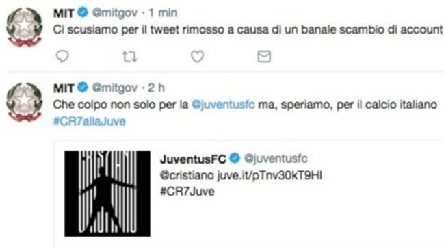 Celebración del fichaje de Cristiano Ronaldo por la Juventus en el Twitter del Ministerio de Infraestructuras y Transporte de Italia.