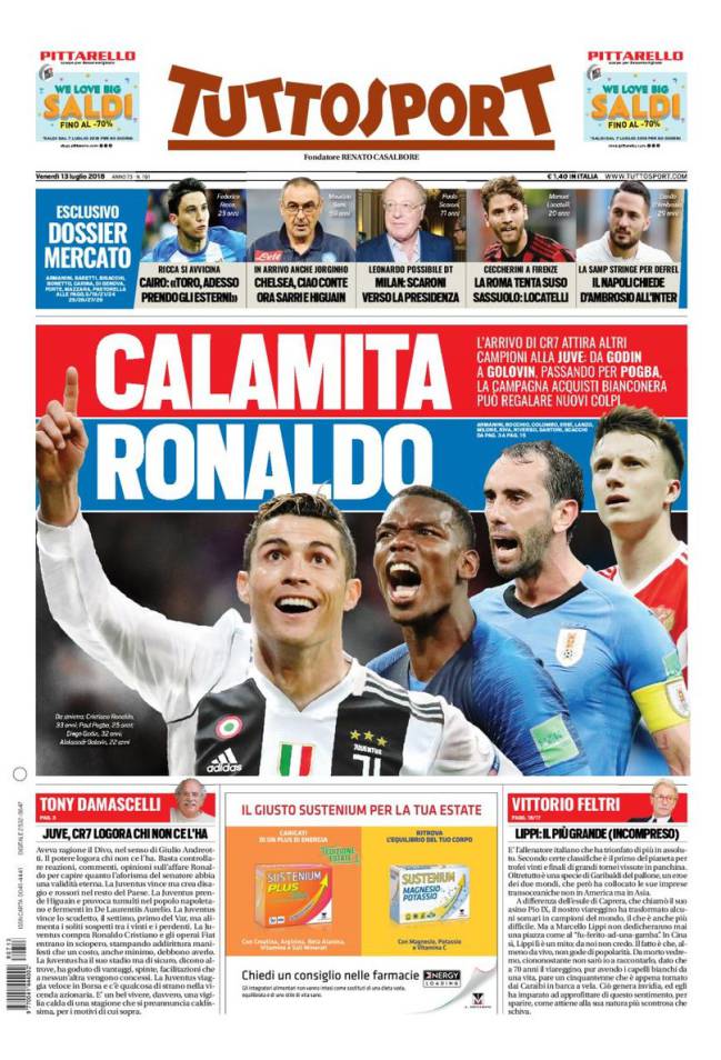 Portada de Tuttosport, con Cristiano, Pogba, Godín y Golovin