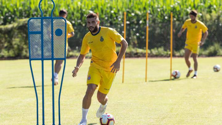David López, en el entrenamiento del Espanyol.
