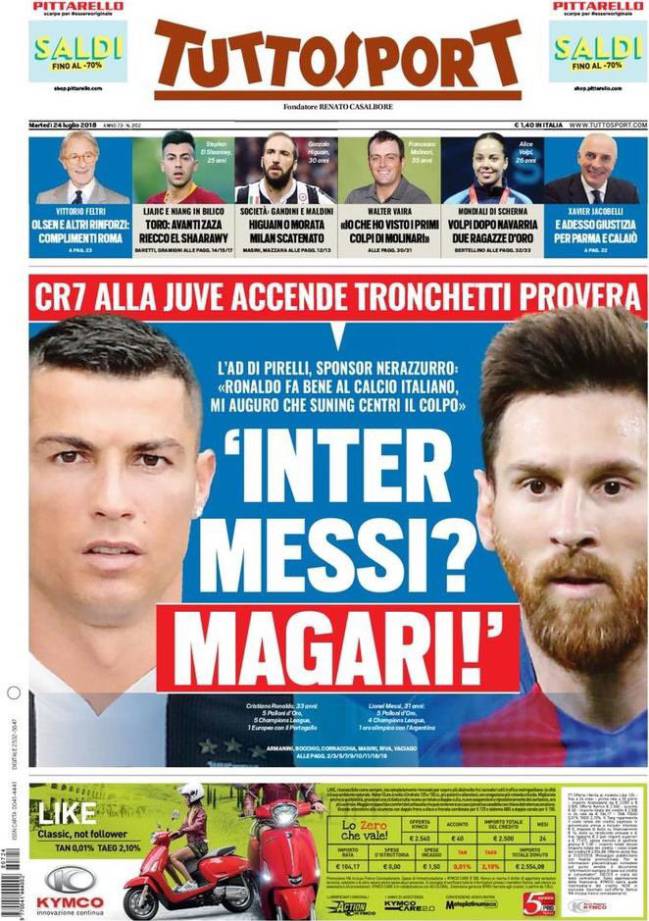 Portada del diario Tuttosport del día 24 de julio de 2018.