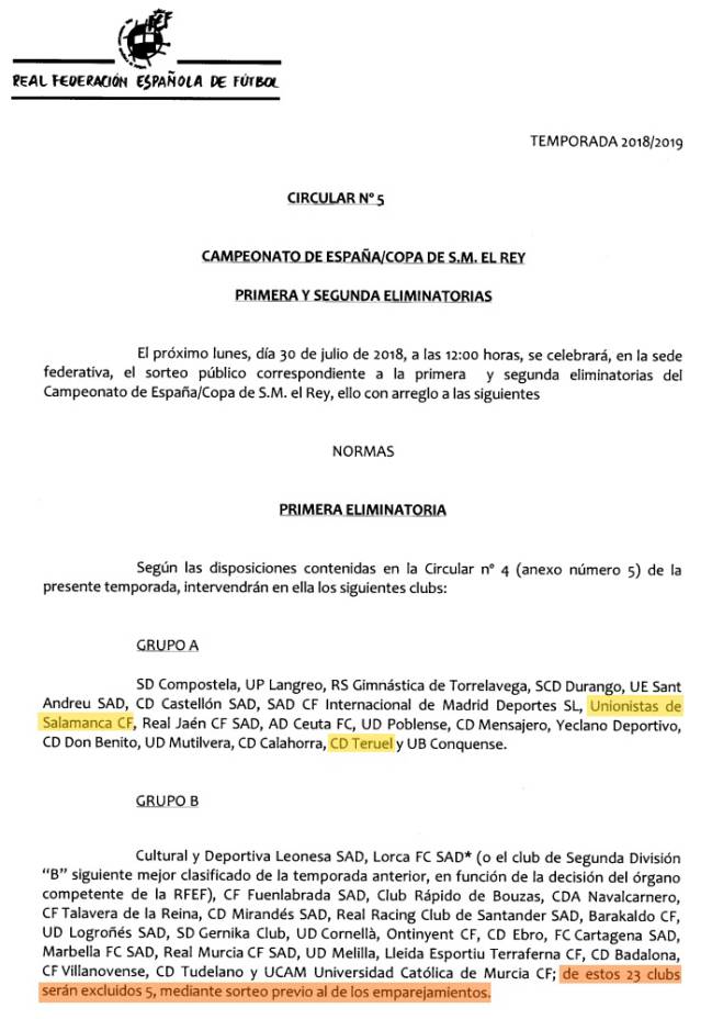 Primera página de la circular 5 de la RFEF para la temporada 2018-2019.