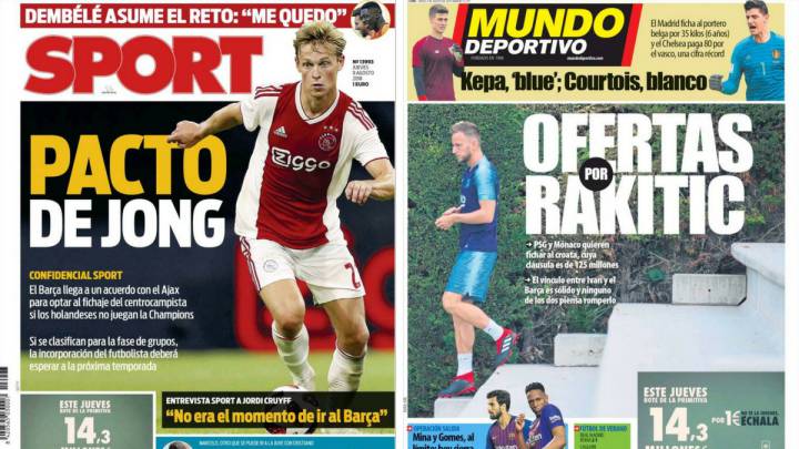 Portadas de los diarios Sport y Mundo Deportivo del día 9 de agosto de 2018.