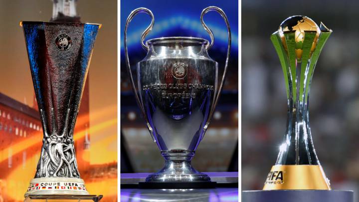 Los trofeos de campeón de la Europa League, la Champions y el Mundial de Clubes.