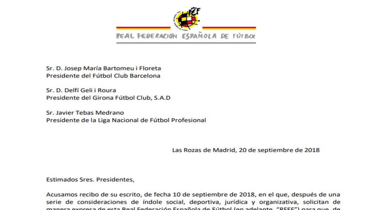 Esta es la carta que Rubiales mandó a Barça, Girona y LaLiga
