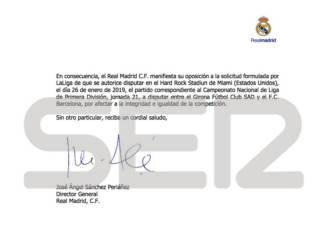 SER: el Real Madrid desmonta los argumentos de Tebas para jugar el Girona-Barça en Miami