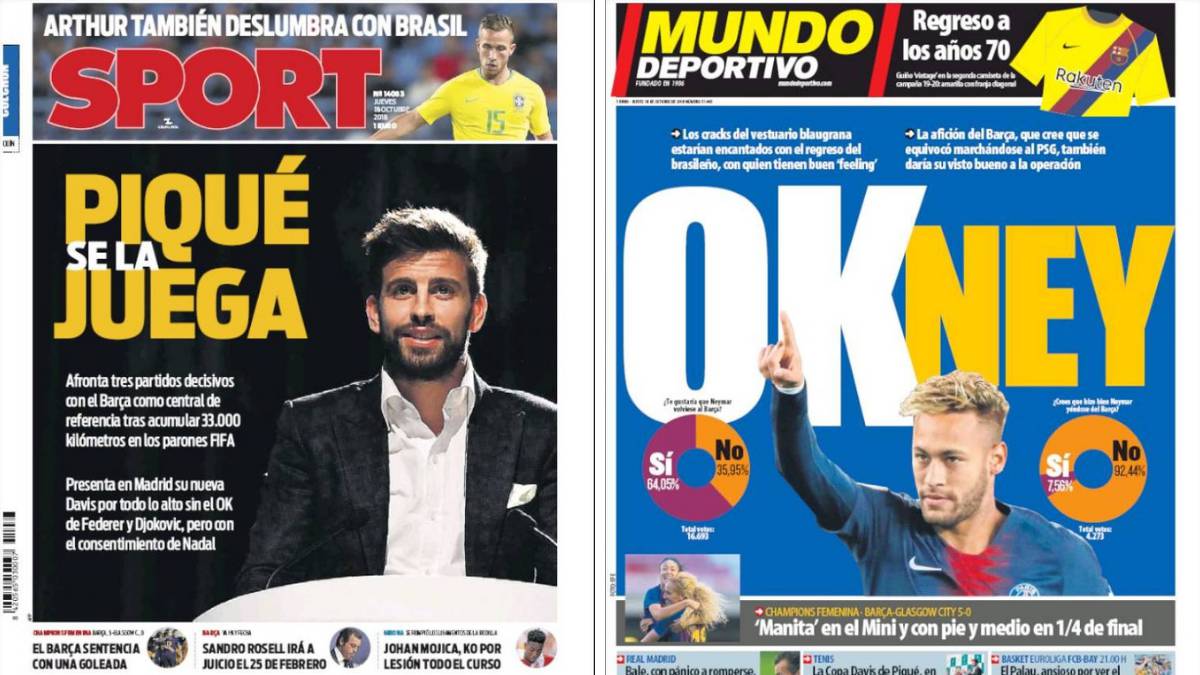 Portadas de los diarios Sport y Mundo Deportivo del día 18 de octubre de 2018.