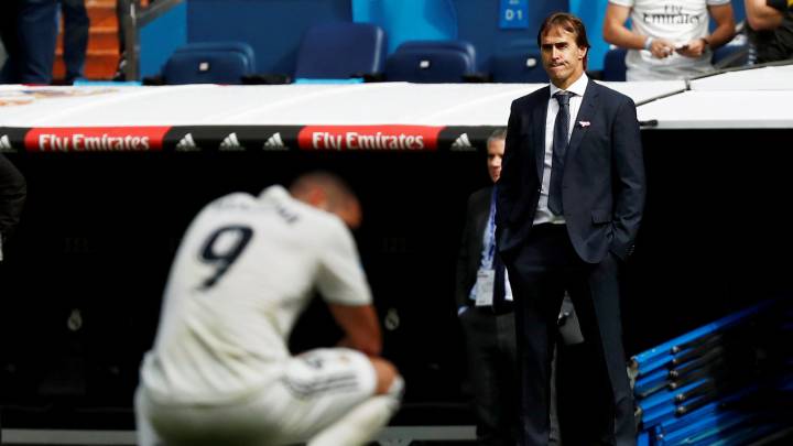 Lopetegui y Benzema, durante el Real Madrid-Levante.