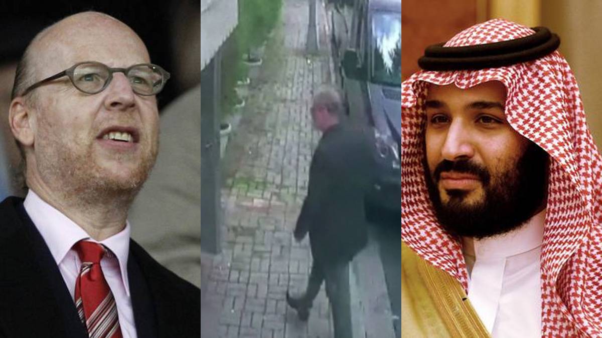 Avram Glazer (izquierda), Khashoggi entrando al consulado de Arabia en Turquía (centro) y Mohammad bin Salman.