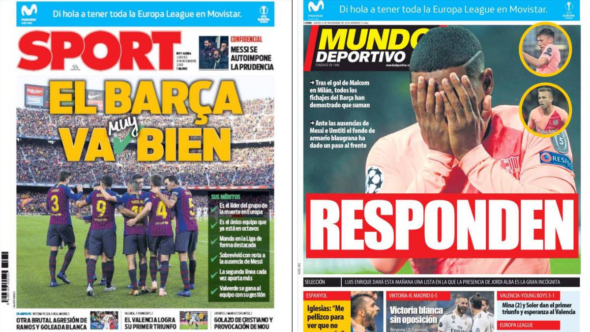 Portadas de los diarios Sport y Mundo Deportivo del día 8 de noviembre de 2018.