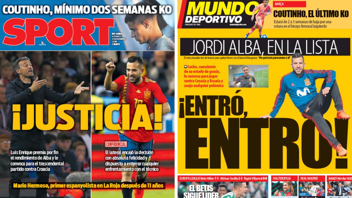 Portadas de 'Sport' y 'Mundo Deportivo' del viernes, 9 de noviembre de 2018.