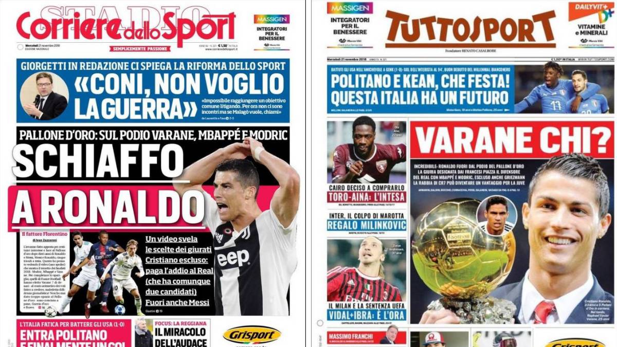 Portadas de los diarios Corriere dello Sport y Tuttosport del día 21 de noviembre de 2018.