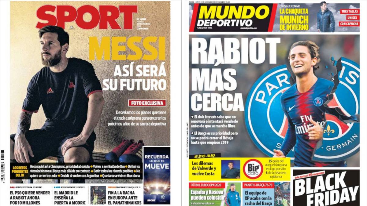 Portadas de los diarios Sport y Mundo Deportivo del día 22 de noviembre de 2018.