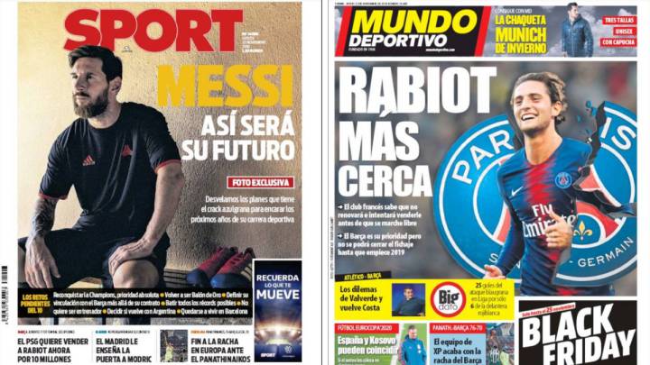 Portadas de los diarios Sport y Mundo Deportivo del día 22 de noviembre de 2018.