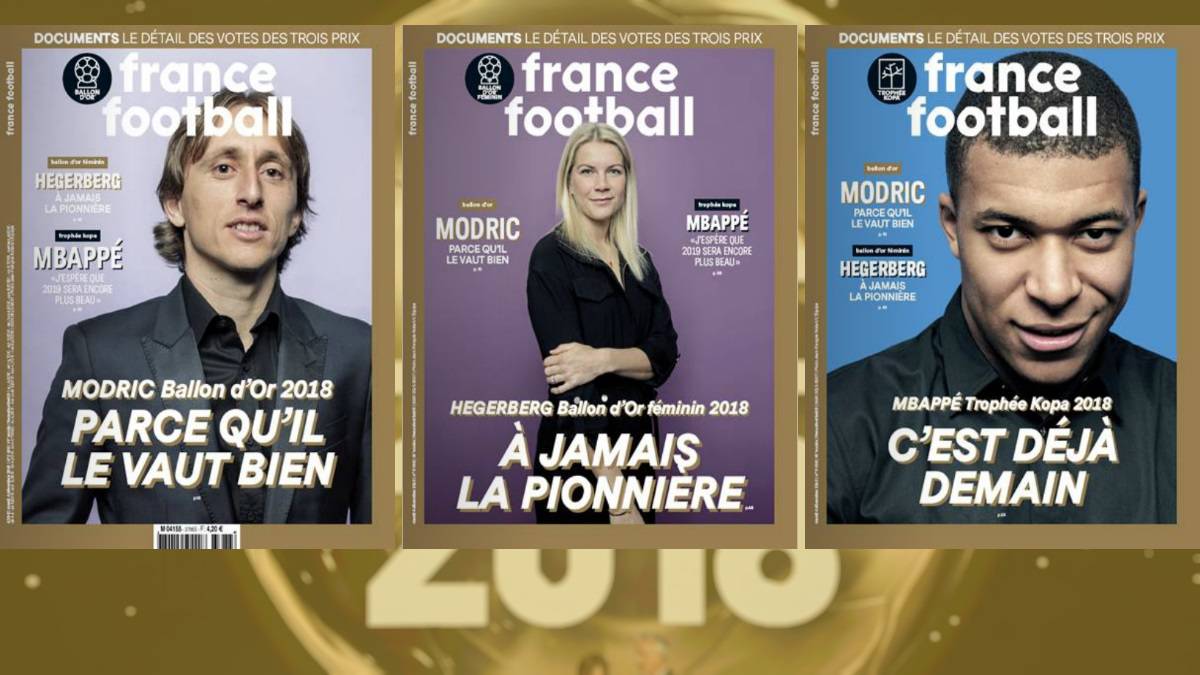 Las portadas de 'France Football' con los ganadores del Balón de Oro 2018 y el Trofeo Kopa: Luka Modric, Ada Hegerberg y Kylian Mbappé.