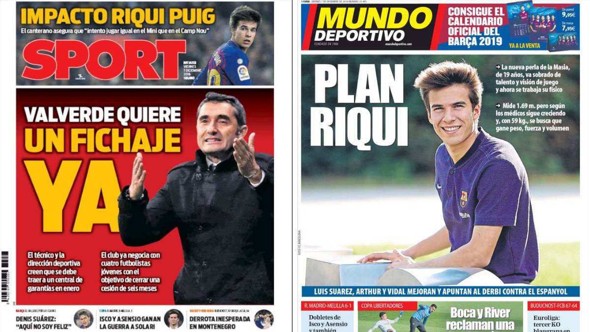 Portadas de los diarios Sport y Mundo Deportivo del día 7 de diciembre de 2018.