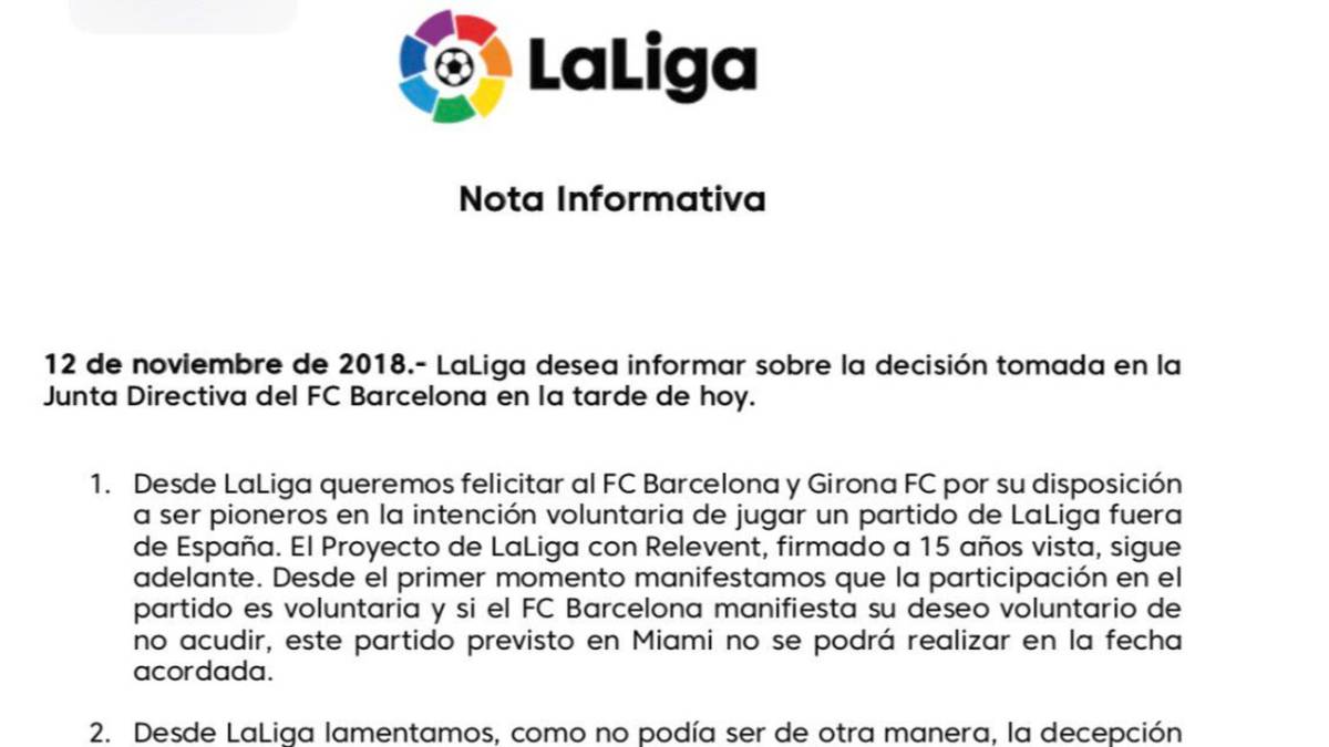 LaLiga, "decepcionada" con el Barça, retira la medida cautelar