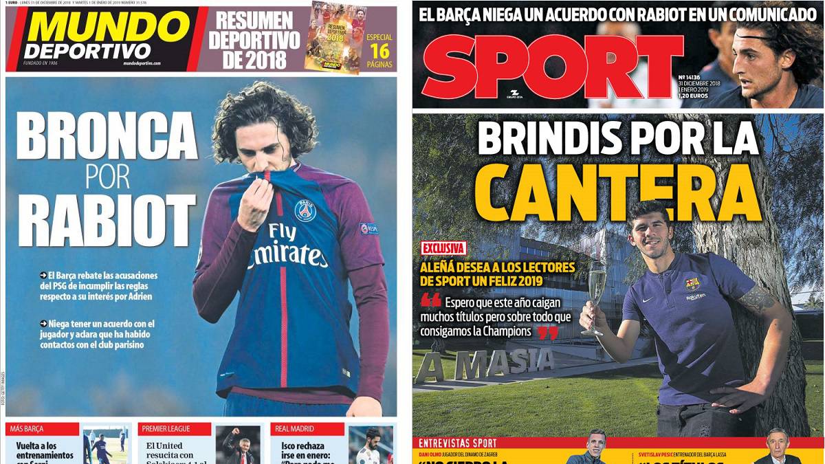 Portadas de Mundo Deportivo y Sport del 31 de diciembre de 2018 con Adrien Rabiot y Carles Aleñá como protagonistas.