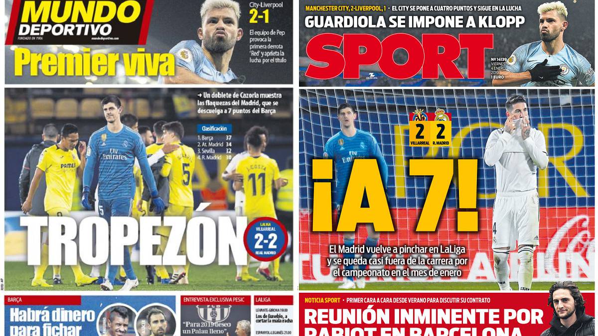 Portadas de Mundo Deportivo y Sport del 4 de enero de 2019 con el empate del Real Madrid en Villarreal como noticia más destacada.