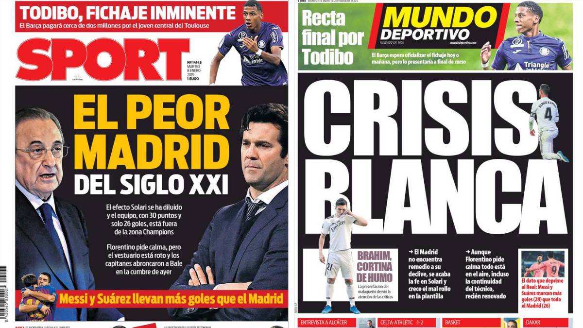 Portadas de los diarios Sport y Mundo Deportivo del día 8 de enero de 2019.