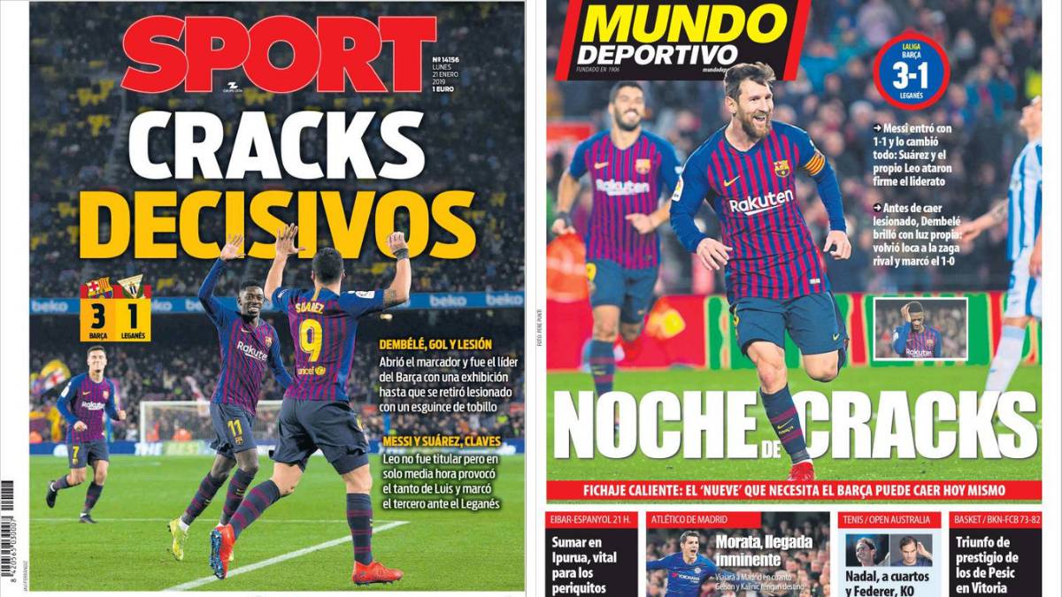 Portadas de los diarios Sport y Mundo Deportivo del día 21 de enero de 2019.