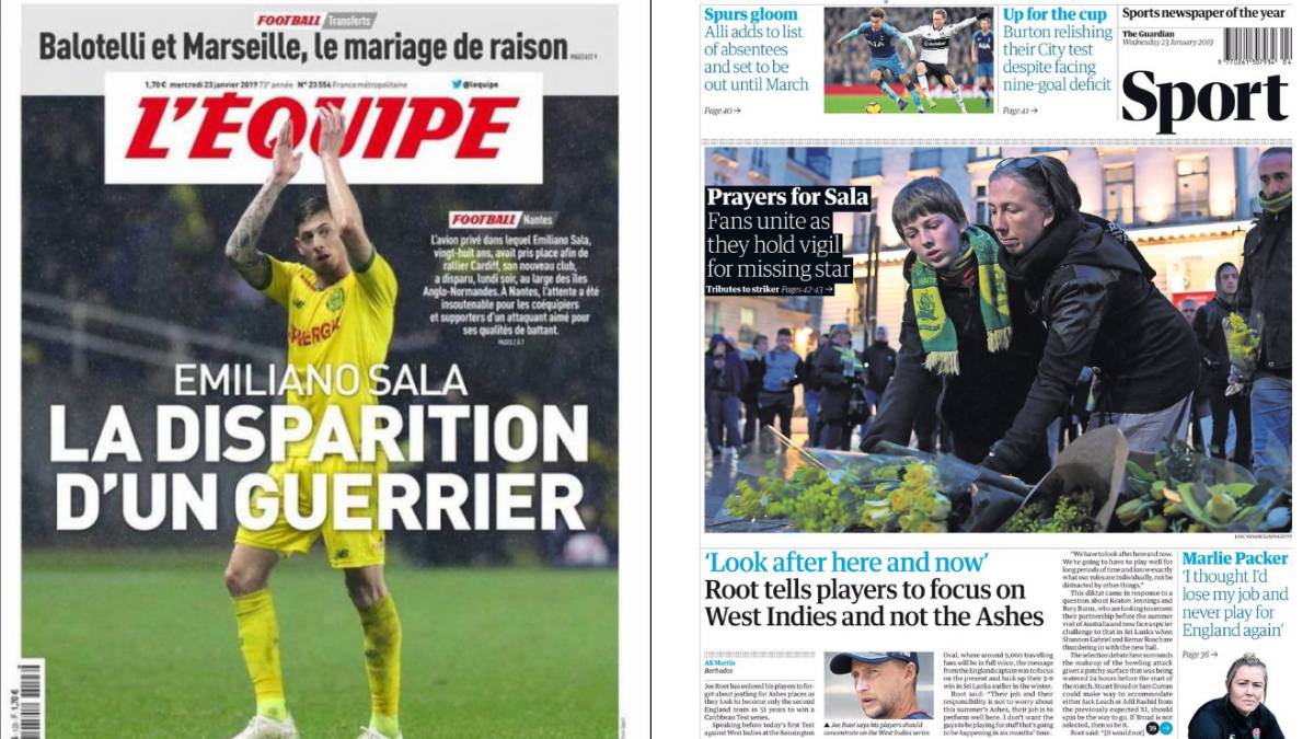 Las portadas de los diarios L'Equipe y The Guardian del día 23 de enero de 2019.