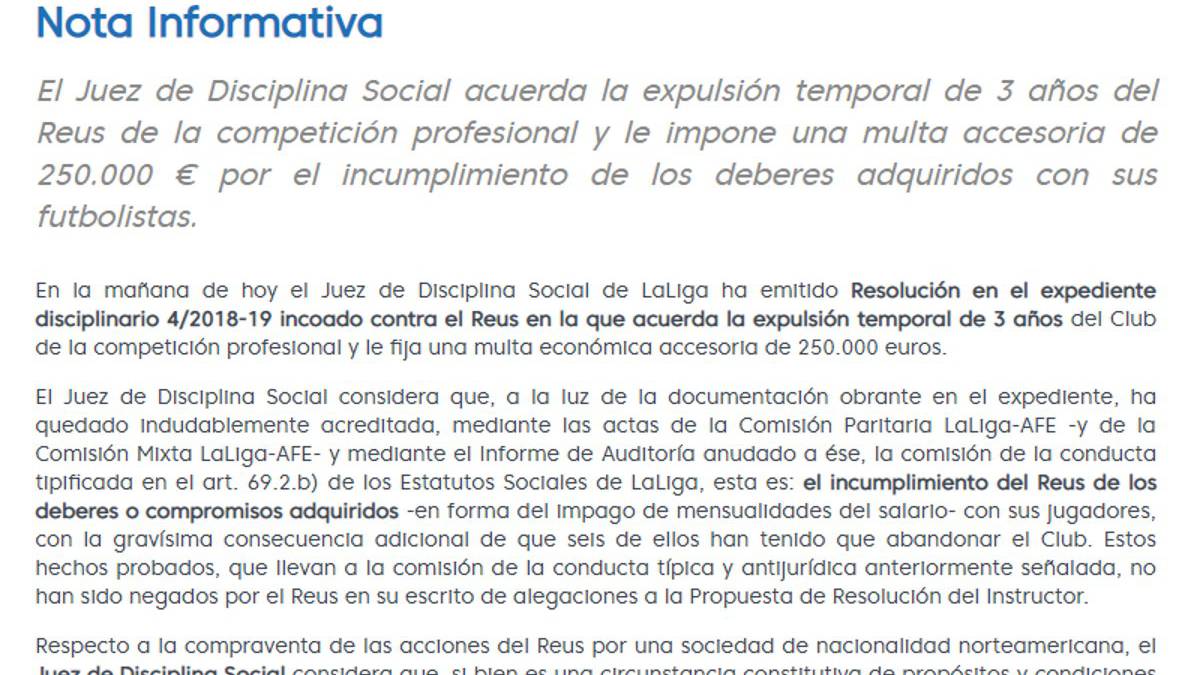 Los argumentos del Juez para expulsar al Reus: "Reincidencia y especial gravedad"