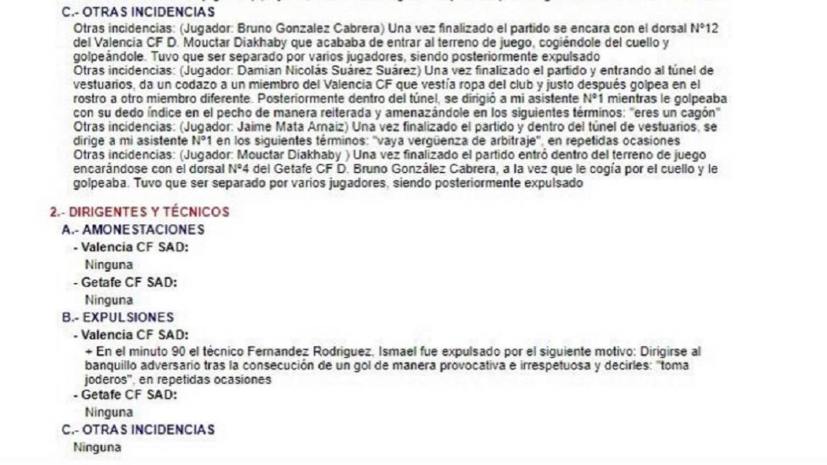 El acta del partido entre el Valencia y el Getafe redactado por Estrada Fernández.