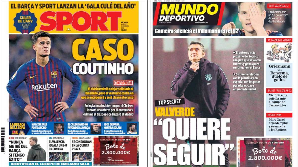 Portadas de los diarios Sport y Mundo Deportivo del día 8 de febrero de 2019.