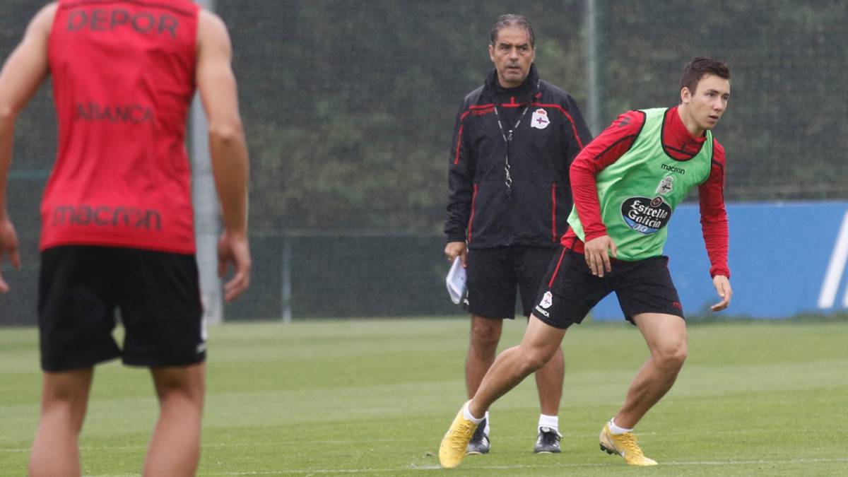 Saúl y Natxo González en un entrenamiento con el Deportivo