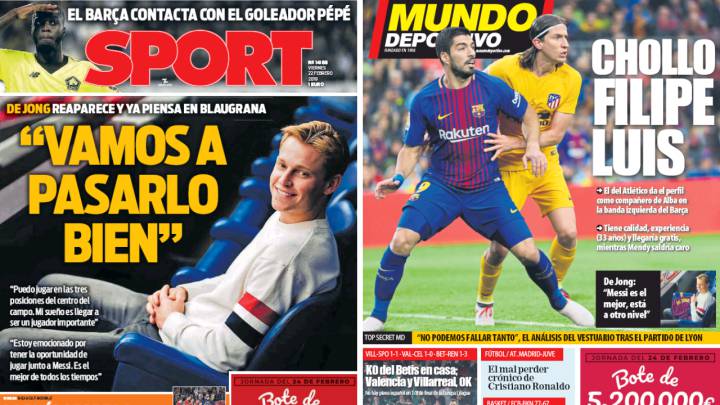Portadas de 'Sport' y 'Mundo Deportivo' del viernes 22 de febrero de 2019.