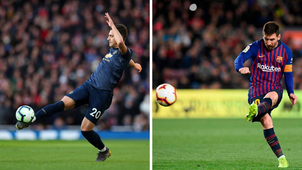 Diogo Dalot (Manchester United) y Leo Messi (Barcelona).