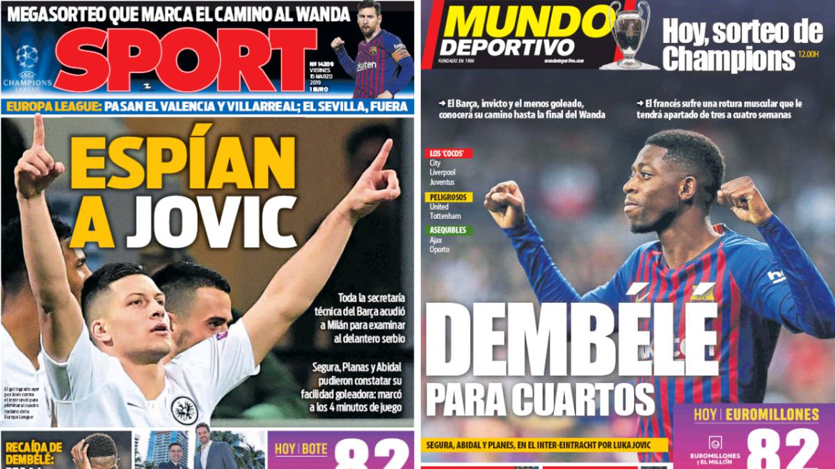 Portadas de 'Sport' y 'Mundo Deportivo' del viernes, 15 de marzo de 2019.