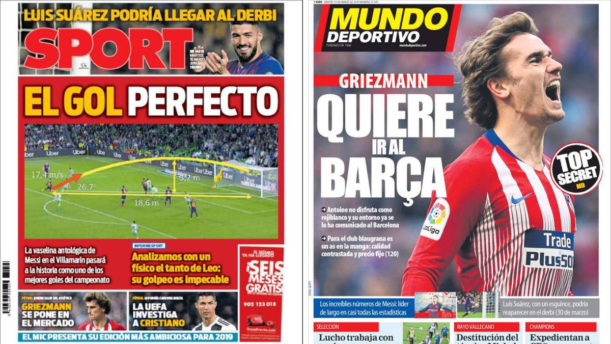 Portada de los diarios Sport y Mundo Deportivo del día 19 de marzo de 2019.