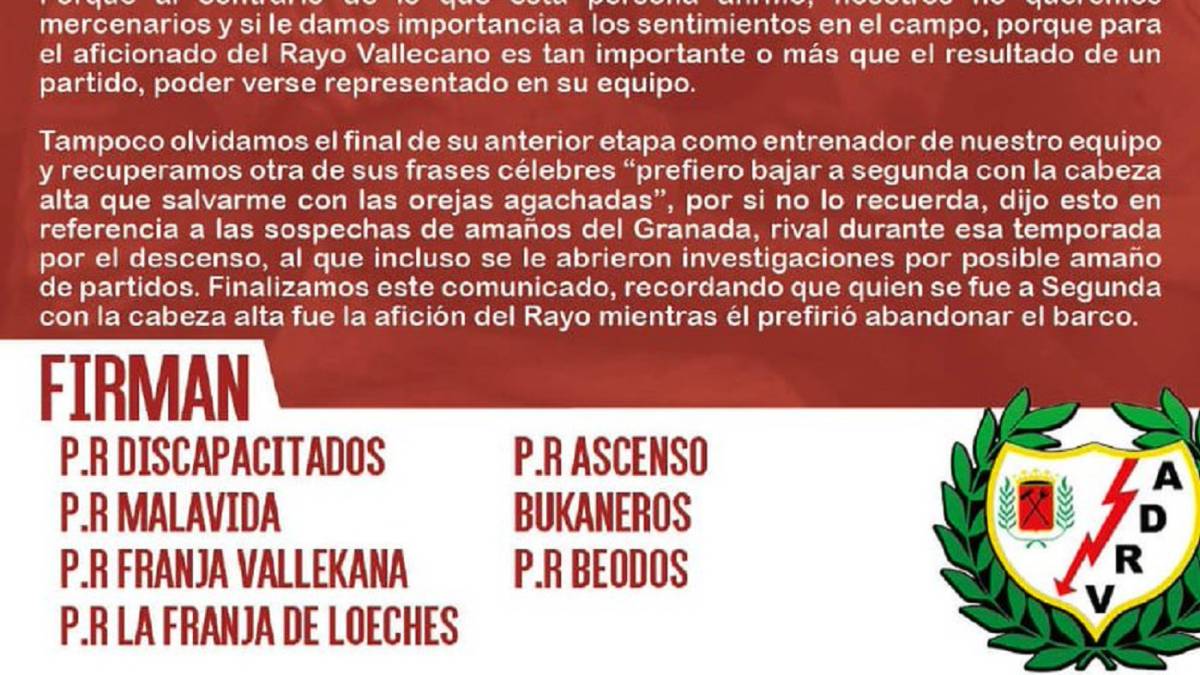 Siete peñas del Rayo critican el regreso de Paco Jémez