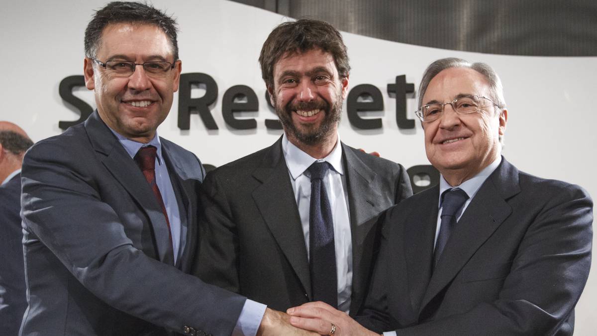 Bartomeu (presidente del Barça), Agnelli (de la ECA) y Florentino (del Real Madrid).