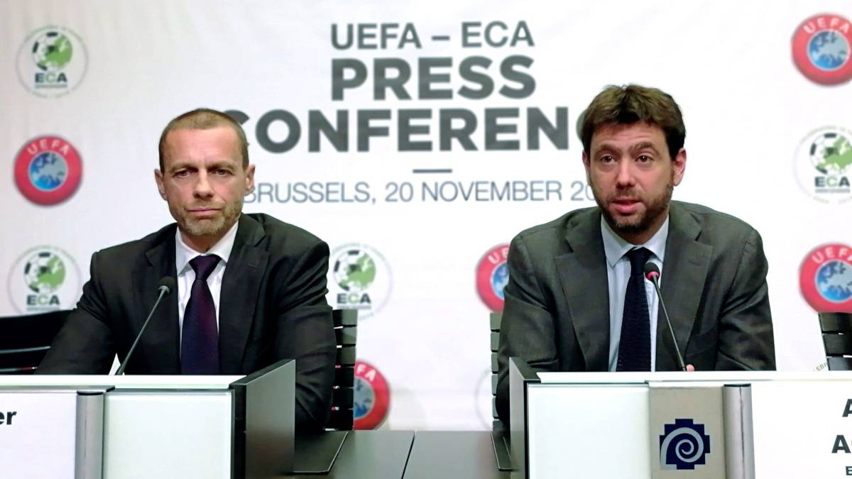 El presidente de la UEFA, Aleksander Ceferin, y de la ECA, Andrea Agnelli,