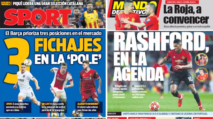 Portadas de 'Sport' y 'Mundo Deportivo' del martes, 26 de marzo de 2019.