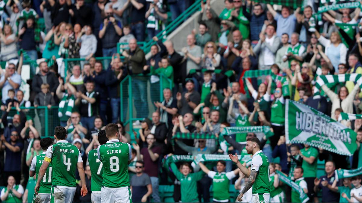 Los jugadores del Hibernian celebran con su afición en una imagen de archivo.
