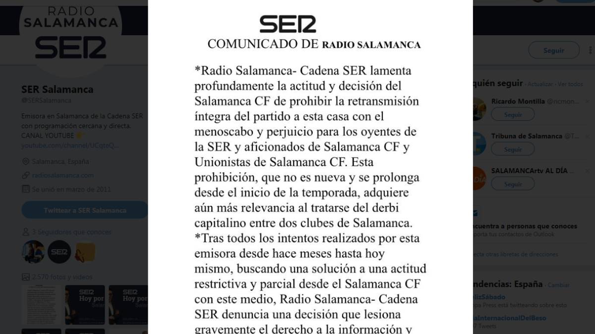 Salamanca CF sigue con su veto a La SER, que no dará el derbi