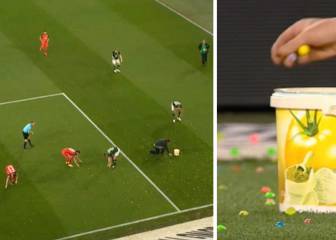 Árbitros y futbolistas quitando pelotas de goma del césped