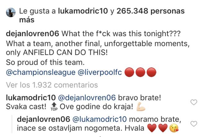 La felicitación de Luka Modric a Dejan Lovren.