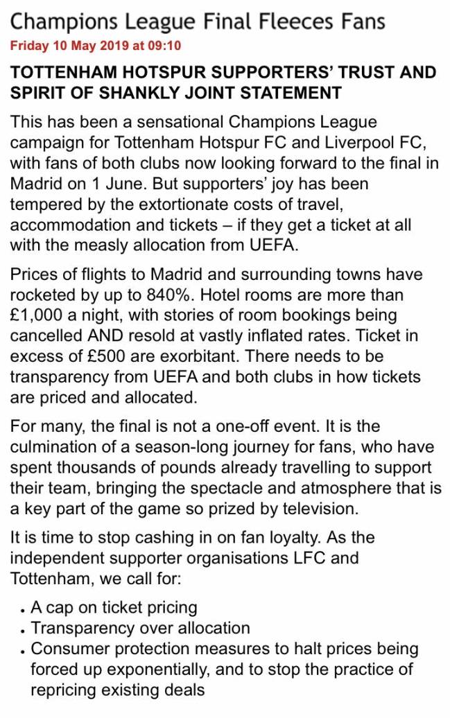 Comunicado conjunto de las asociaciones de fans de Liverpool y Tottenham.